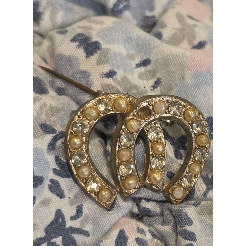 Vintage MCM Silver Tone Double Horseshoe Brooch Faux Pearl Rhinestone Lucky Pin